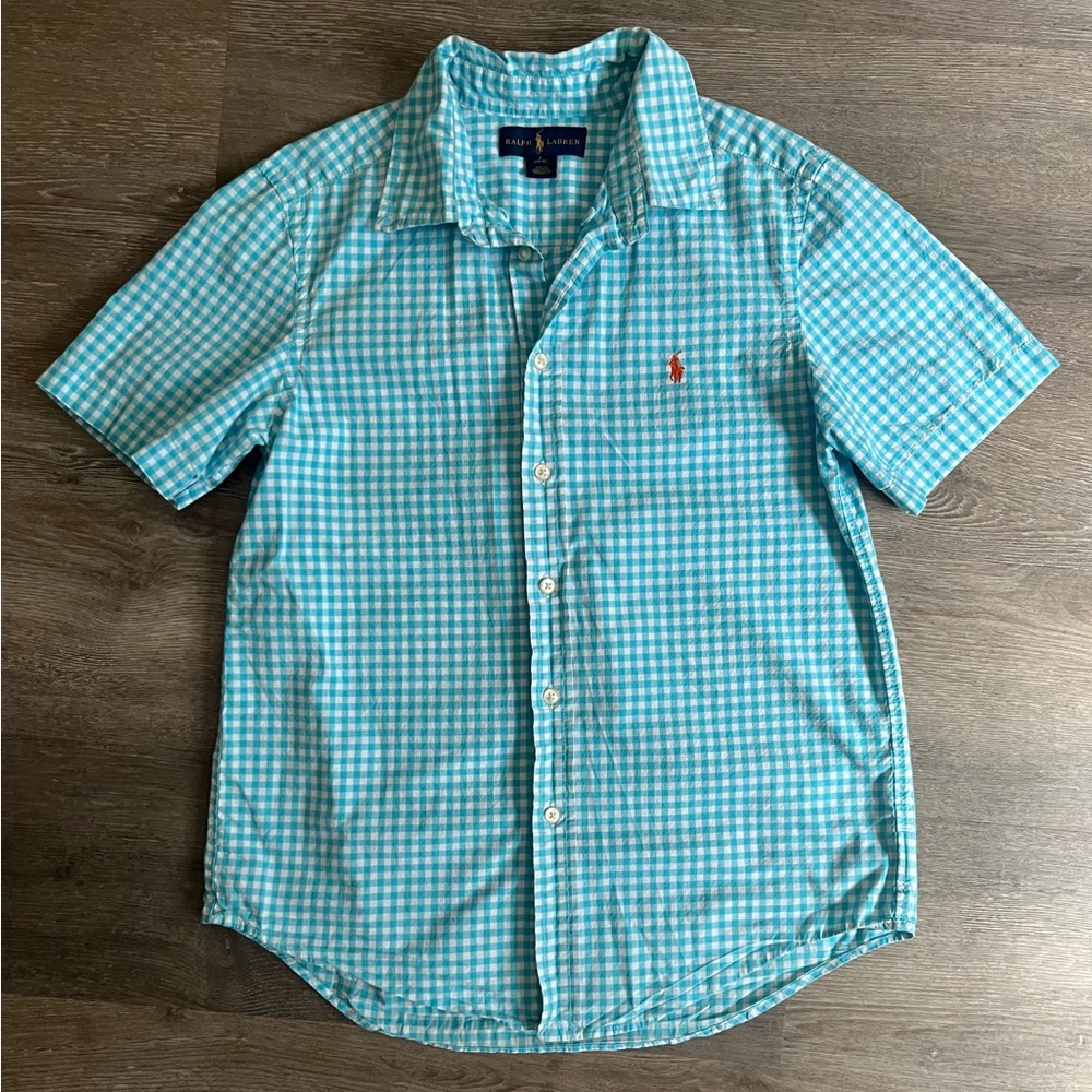 Ralph Lauren Polo Boys Gingham Blue Button Down Shirt, Sz L 14-16